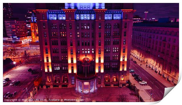 Dramatic night view of an illuminated urban building with a purple sky backdrop in Liverpool, UK. Print by Man And Life