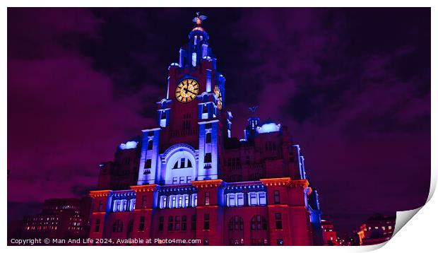 Liverpool's iconic Royal Liver Building at night, illuminated in vibrant purple light against a dark sky. Print by Man And Life