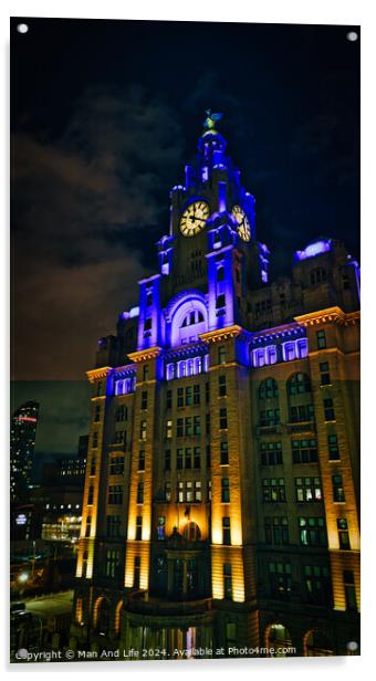 Liverpool's iconic Royal Liver Building at night, illuminated with blue lights against a dark sky. Acrylic by Man And Life