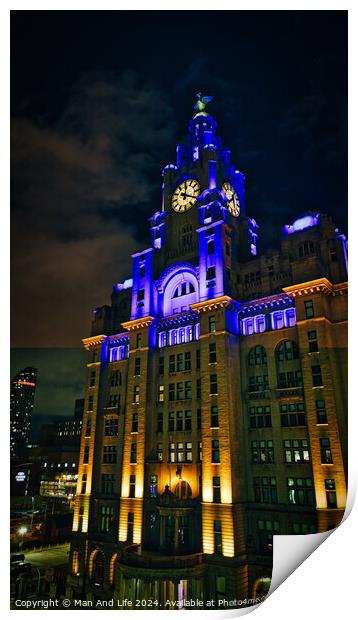 Liverpool's iconic Royal Liver Building at night, illuminated with blue lights against a dark sky. Print by Man And Life
