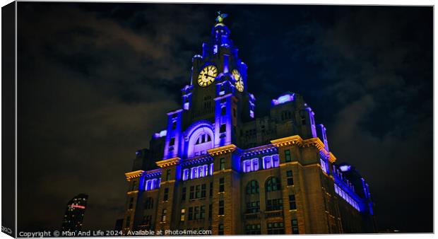 Liverpool's iconic Royal Liver Building at night, illuminated with blue and yellow lights against a dark sky. Canvas Print by Man And Life