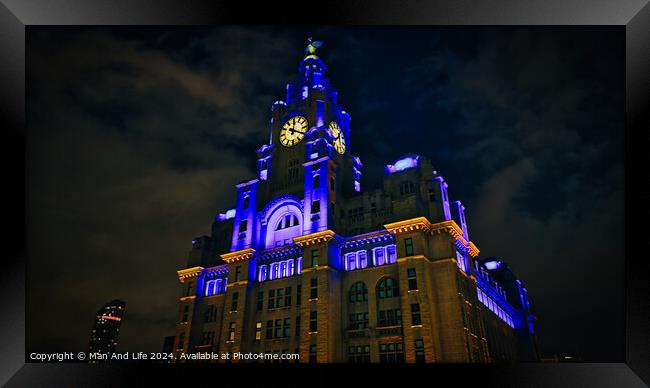Liverpool's iconic Royal Liver Building at night, illuminated with blue and yellow lights against a dark sky. Framed Print by Man And Life