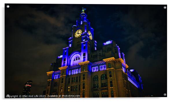 Liverpool's iconic Royal Liver Building at night, illuminated with blue and yellow lights against a dark sky. Acrylic by Man And Life