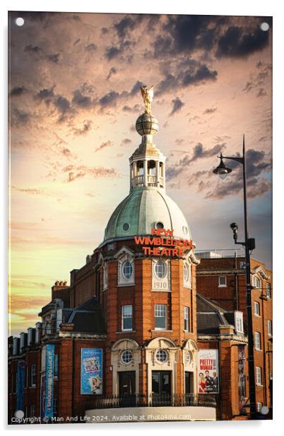 Dramatic sky over Wimbledon Theatre with golden sunset light illuminating the building's facade and dome. Acrylic by Man And Life