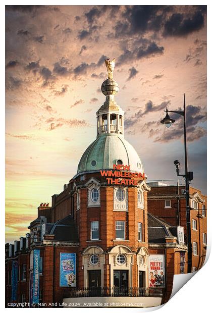Dramatic sky over Wimbledon Theatre with golden sunset light illuminating the building's facade and dome. Print by Man And Life