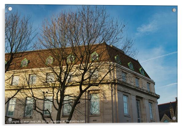 Classic European building facade with bare tree branches against a clear blue sky at dusk. Acrylic by Man And Life