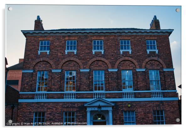 Traditional brick building facade under blue sky at dusk in York, UK. Acrylic by Man And Life