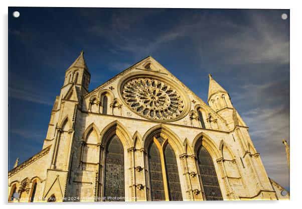 Gothic cathedral facade with rose window under blue sky in York, UK. Acrylic by Man And Life