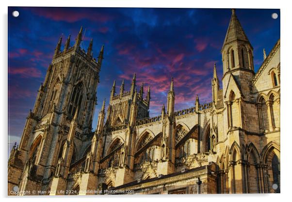 Majestic medieval cathedral against a vibrant sunset sky in York, UK. Acrylic by Man And Life