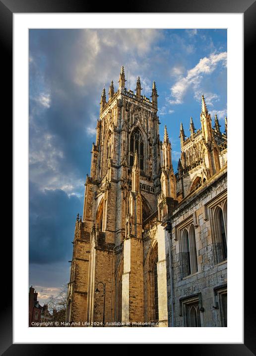 Gothic cathedral against a dramatic sky at sunset in York, UK. Framed Mounted Print by Man And Life