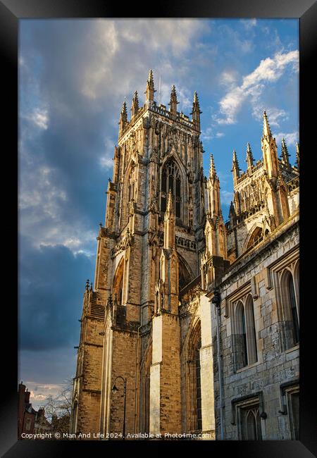 Gothic cathedral against a dramatic sky at sunset in York, UK. Framed Print by Man And Life