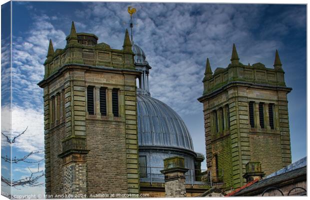 Dramatic sky over twin stone towers with a metallic dome, showcasing architectural details and moody ambiance in Harrogate, England. Canvas Print by Man And Life