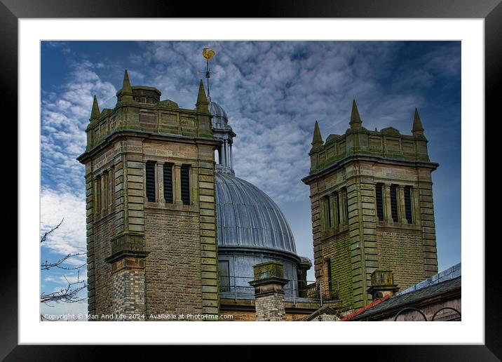 Dramatic sky over twin stone towers with a metallic dome, showcasing architectural details and moody ambiance in Harrogate, England. Framed Mounted Print by Man And Life