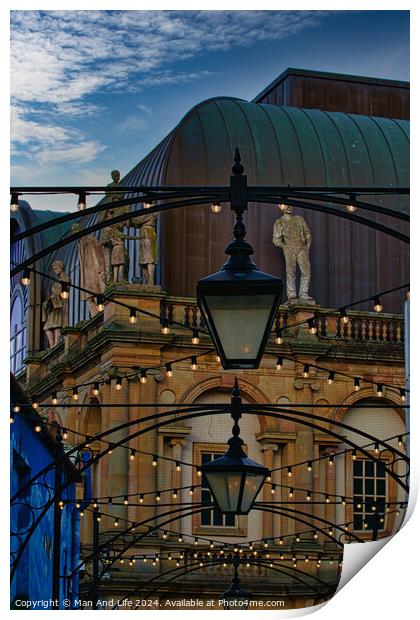 Dusk view of a classical building with a street lamp in the foreground and decorative lights, evoking a romantic urban scene in Harrogate, England. Print by Man And Life