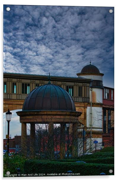 Dramatic sky over an architectural dome and building with a bridge in the background in Harrogate, England. Acrylic by Man And Life