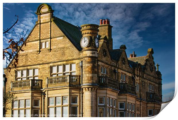 Historic stone building with clock tower under blue sky in Harrogate, England. Print by Man And Life
