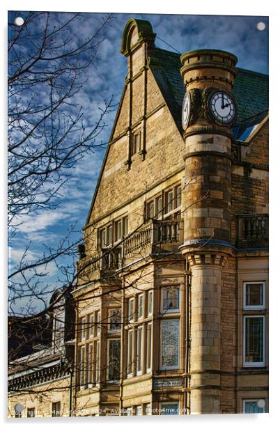 Historic building with clock tower under blue sky with clouds in Harrogate, England. Acrylic by Man And Life