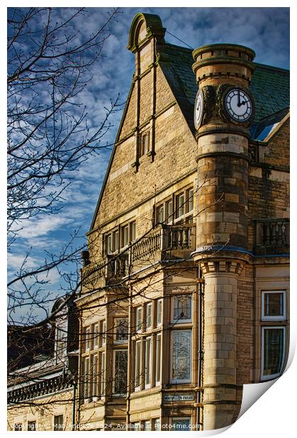 Historic building with clock tower under blue sky with clouds in Harrogate, England. Print by Man And Life
