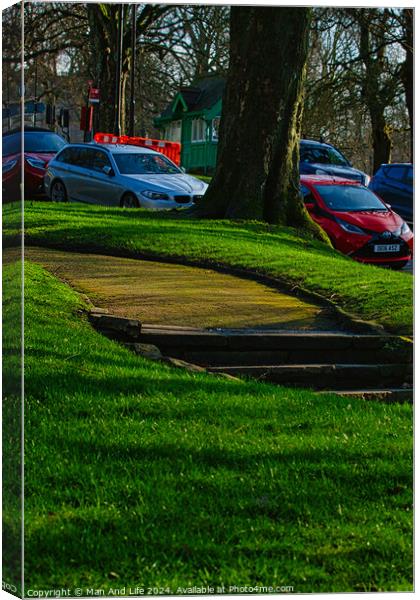 Sunny park with green grass and a pathway leading through trees, with parked cars in the background in Harrogate, England. Canvas Print by Man And Life