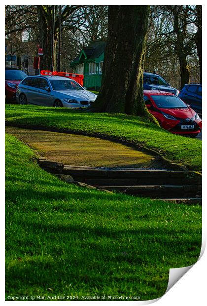 Sunny park with green grass and a pathway leading through trees, with parked cars in the background in Harrogate, England. Print by Man And Life
