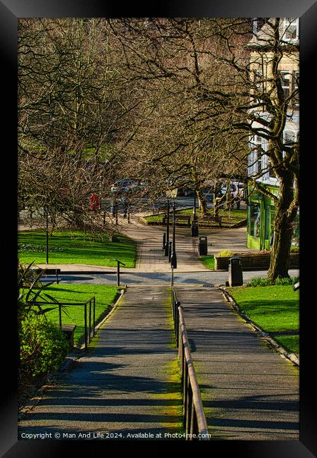 Sunny park pathway with trees casting shadows, green grass and benches, urban tranquil scene in Harrogate, England. Framed Print by Man And Life