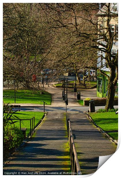 Sunny park pathway with trees casting shadows, green grass and benches, urban tranquil scene in Harrogate, England. Print by Man And Life
