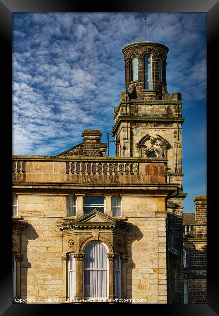 Historic stone building with a tower under a blue sky with textured clouds in Harrogate, England. Framed Print by Man And Life