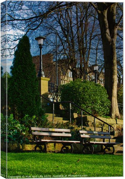 Tranquil park scene with empty benches, lush greenery, and a street lamp against a clear blue sky in Harrogate, England. Canvas Print by Man And Life