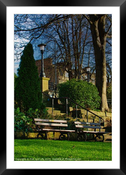 Tranquil park scene with empty benches, lush greenery, and a street lamp against a clear blue sky in Harrogate, England. Framed Mounted Print by Man And Life