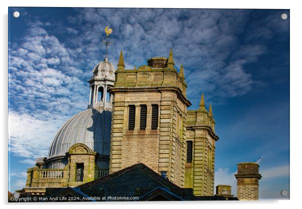 Historic stone building with a dome under a blue sky with clouds in Harrogate, England. Acrylic by Man And Life