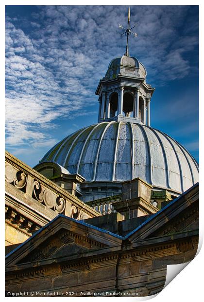 Dome of a classic building against a blue sky with clouds in Harrogate, England. Print by Man And Life