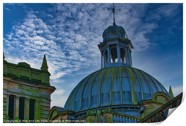 Dramatic sky over an architectural dome with intricate details and historical design in Harrogate, England. Print by Man And Life