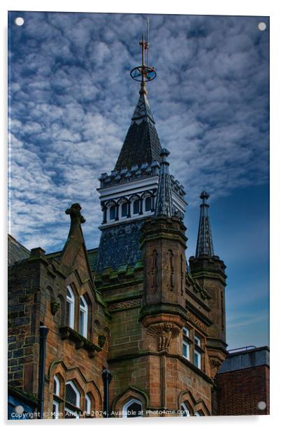 Gothic-style tower against a dramatic sky, architectural detail and historical building concept in Harrogate, England. Acrylic by Man And Life