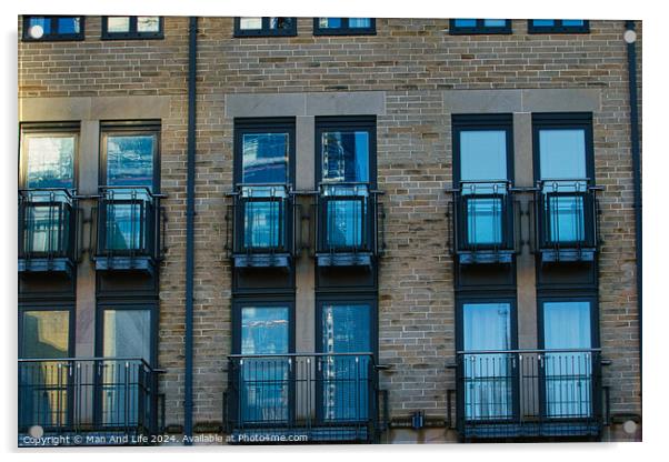 Modern apartment building facade with symmetrical windows and balconies, urban architecture background in Harrogate, England. Acrylic by Man And Life