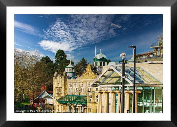 Sunny day over historic buildings with blue sky and fluffy clouds in Harrogate, England. Framed Mounted Print by Man And Life