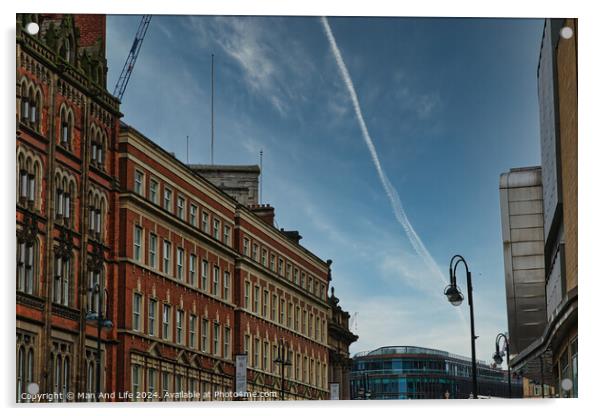 Urban street view with historic buildings under a clear blue sky with contrails in Leeds, UK. Acrylic by Man And Life