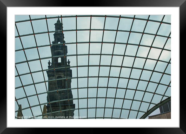 Historic tower viewed through a modern glass dome, contrasting architectural styles in Leeds, UK. Framed Mounted Print by Man And Life