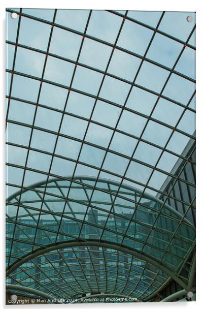 Modern glass ceiling architecture with geometric pattern against a blue sky in Leeds, UK. Acrylic by Man And Life