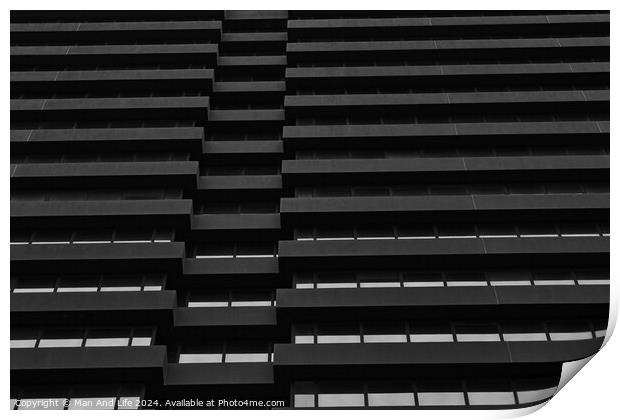 Monochrome image of modern building facade with geometric pattern of windows and ledges, abstract urban background in Leeds, UK. Print by Man And Life