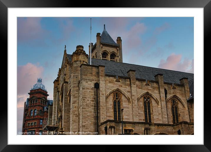 Gothic architecture of an old church against a dusk sky in Leeds, UK. Framed Mounted Print by Man And Life