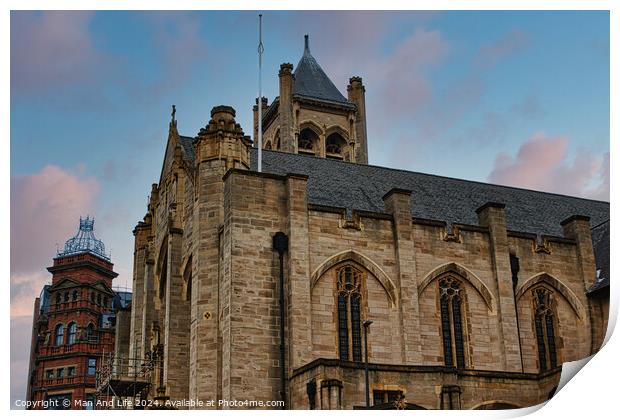 Gothic architecture of an old church against a dusk sky in Leeds, UK. Print by Man And Life