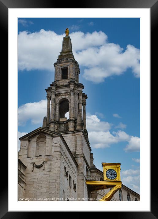 Historic church steeple with clock under a blue sky with clouds in Leeds, UK. Framed Mounted Print by Man And Life