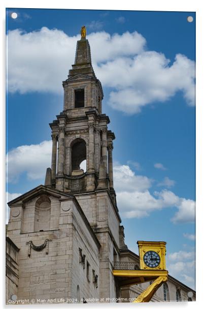 Historic church steeple with clock under a blue sky with clouds in Leeds, UK. Acrylic by Man And Life