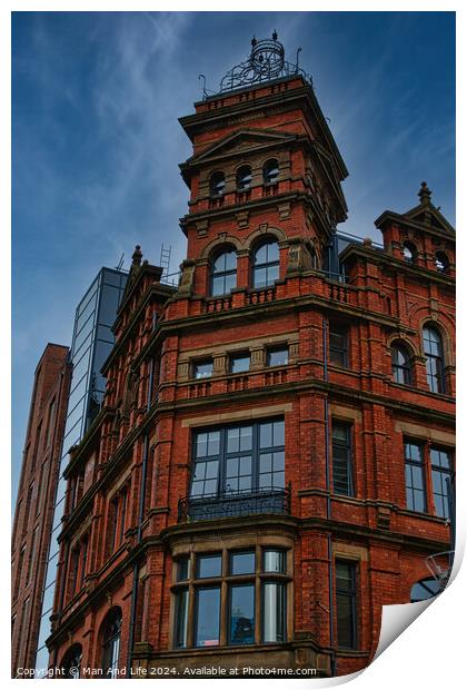 Victorian red brick building with ornate architecture against a dramatic cloudy sky, showcasing a contrast of historical and modern urban design in Leeds, UK. Print by Man And Life