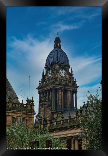 Victorian architecture of an ornate clock tower against a blue sky with clouds in Leeds, UK. Framed Print by Man And Life
