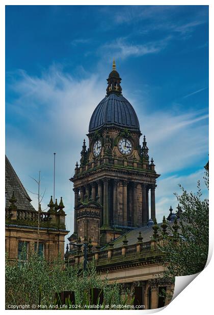 Victorian architecture of an ornate clock tower against a blue sky with clouds in Leeds, UK. Print by Man And Life