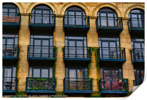 Facade of a vintage building with ornate windows and balconies in Leeds, UK. Print by Man And Life
