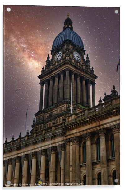 Historic building with a dome under a starry night sky in Leeds, UK. Acrylic by Man And Life