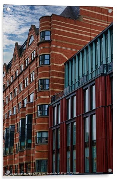 Modern urban architecture with red brick and glass facade against a cloudy sky in Leeds, UK. Acrylic by Man And Life