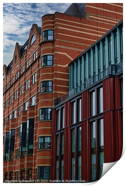 Modern urban architecture with red brick and glass facade against a cloudy sky in Leeds, UK. Print by Man And Life